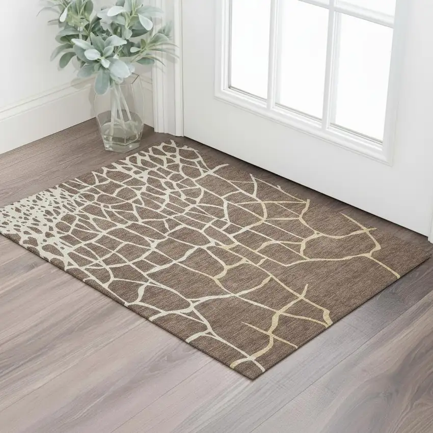 Brown Beige And Gold Abstract Geometric Washable Area Rug With UV Protection Photo 2