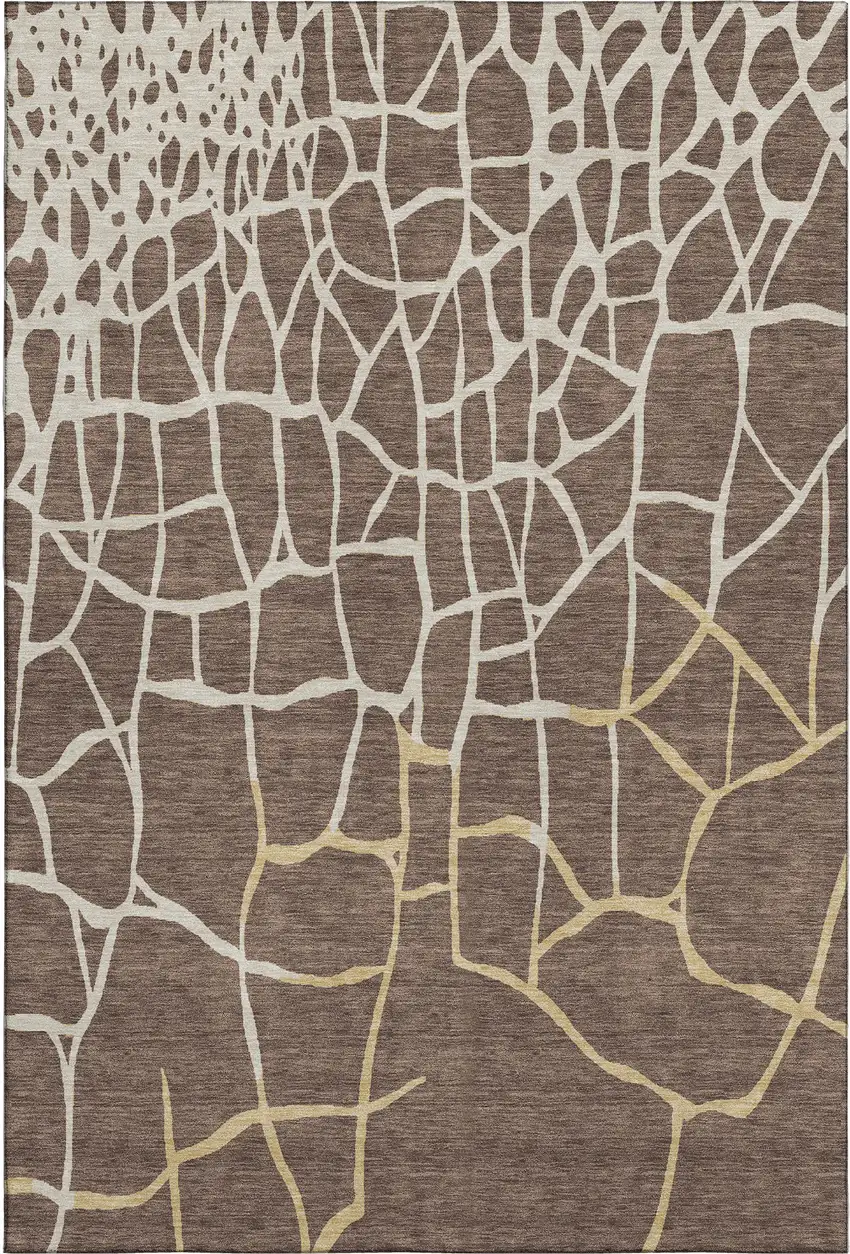 Brown Beige And Gold Abstract Geometric Washable Area Rug With UV Protection Photo 1