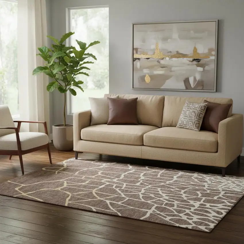 Brown Beige And Gold Abstract Geometric Washable Area Rug With UV Protection Photo 2