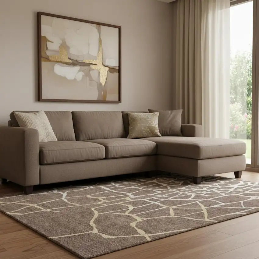 Brown Beige And Gold Abstract Geometric Washable Area Rug With UV Protection Photo 2