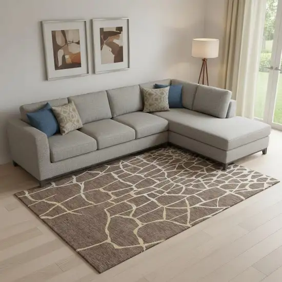 Brown Beige And Gold Abstract Geometric Washable Area Rug With UV Protection Photo 2