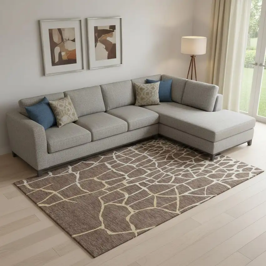 Brown Beige And Gold Abstract Geometric Washable Area Rug With UV Protection Photo 2