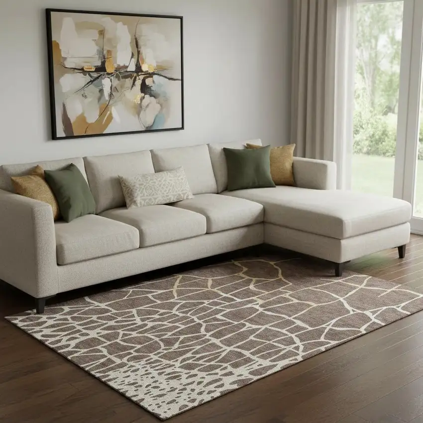 Brown Beige And Gold Abstract Geometric Washable Area Rug With UV Protection Photo 2