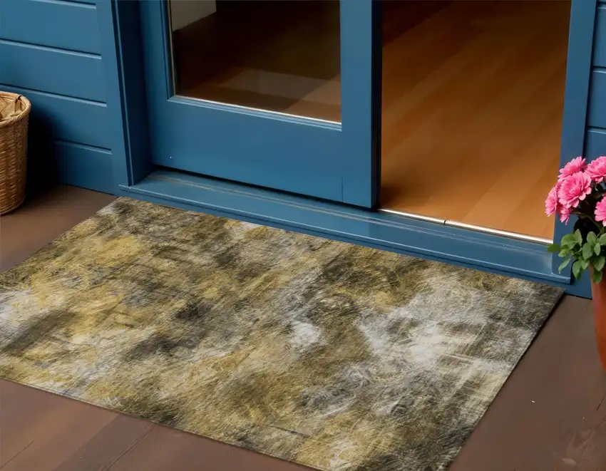 Brown Beige And Gold Abstract Washable Indoor Outdoor Area Rug Photo 1