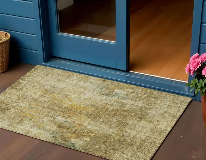 Brown Beige And Gold Abstract Washable Indoor Outdoor Area Rug Photo 1