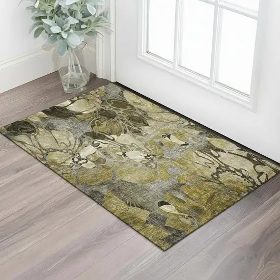 Brown Beige And Gold Floral Washable Area Rug With UV Protection Photo 1