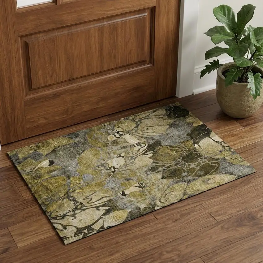 Brown Beige And Gold Abstract Distressed Washable Area Rug With UV Protection Photo 1