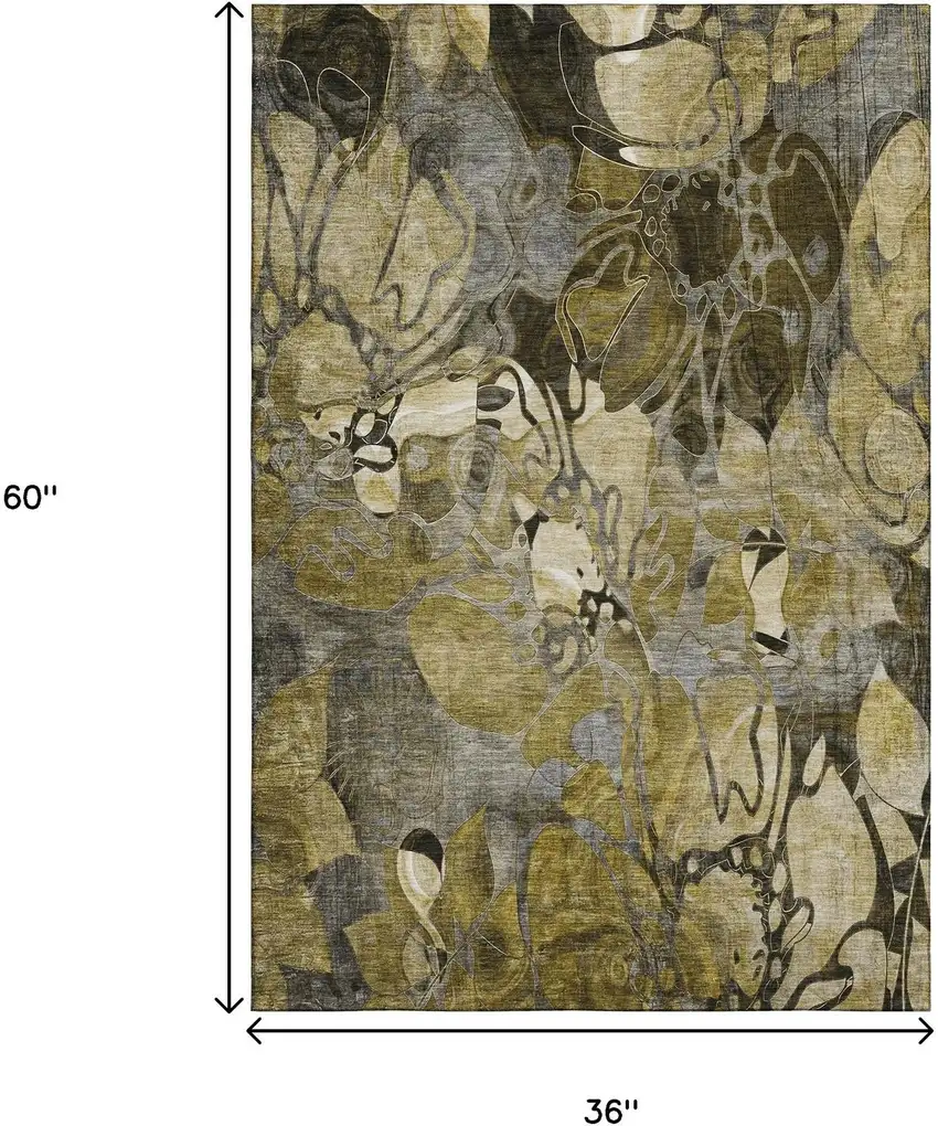 Brown Beige And Gold Floral Washable Area Rug With UV Protection Photo 3
