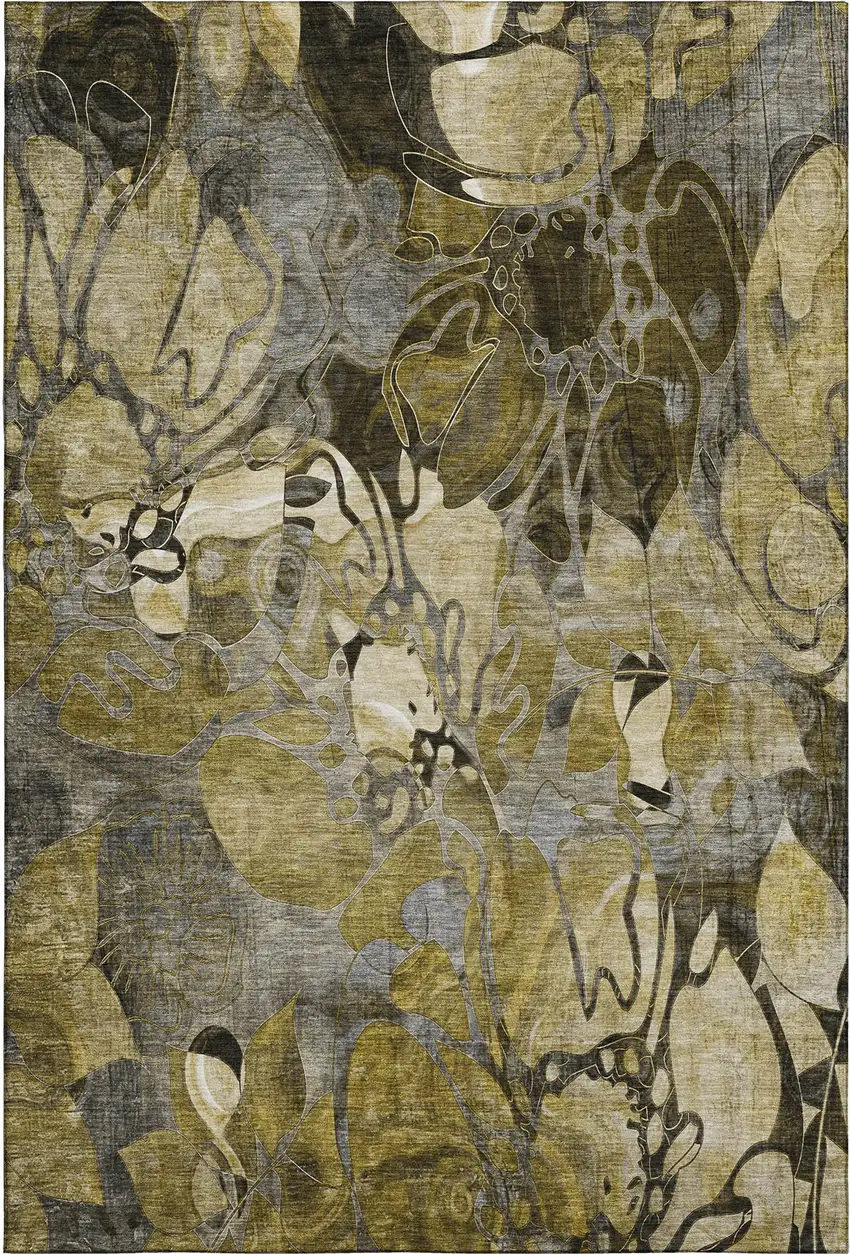 Brown Beige And Gold Floral Washable Area Rug With UV Protection Photo 1