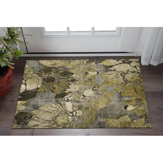 Brown Beige And Gold Floral Washable Area Rug With UV Protection Photo 2