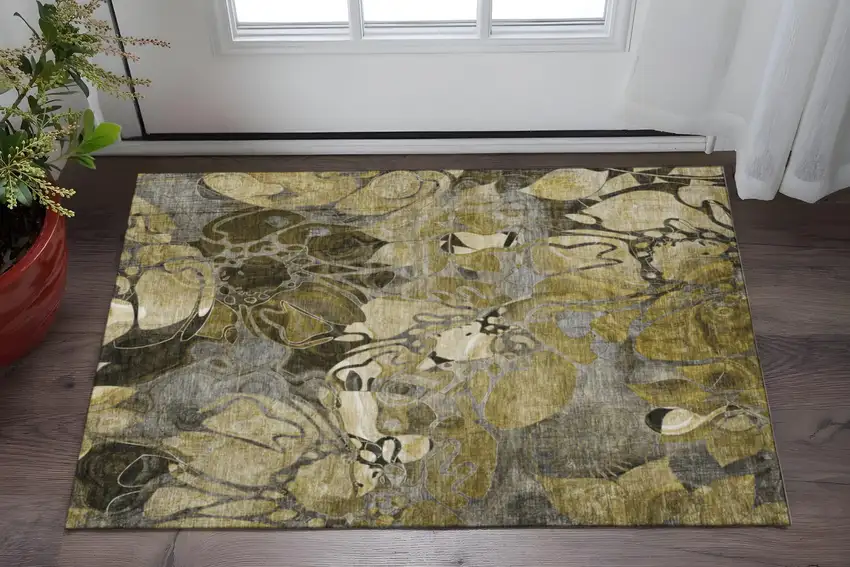 Brown Beige And Gold Floral Washable Area Rug With UV Protection Photo 2