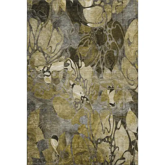 Brown Beige And Gold Floral Washable Area Rug With UV Protection Photo 1