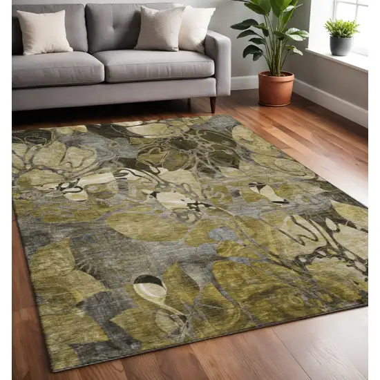 Brown Beige And Gold Floral Washable Area Rug With UV Protection Photo 2