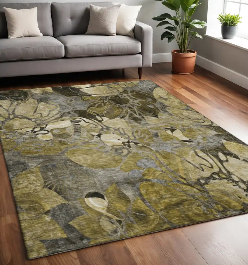 Brown Beige And Gold Floral Washable Area Rug With UV Protection Photo 2