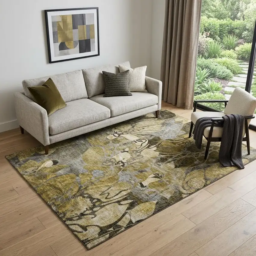 Brown Beige And Gold Abstract Distressed Washable Area Rug With UV Protection Photo 1