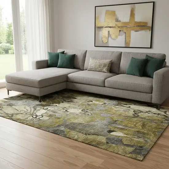 Brown Beige And Gold Floral Washable Area Rug With UV Protection Photo 1