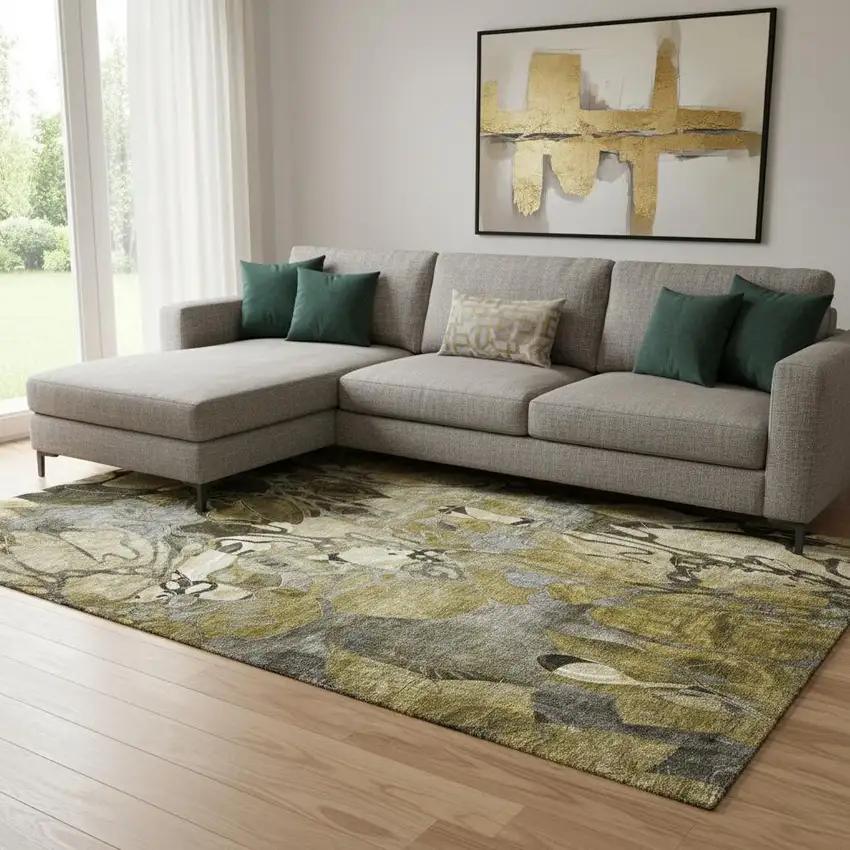 Brown Beige And Gold Floral Washable Area Rug With UV Protection Photo 1