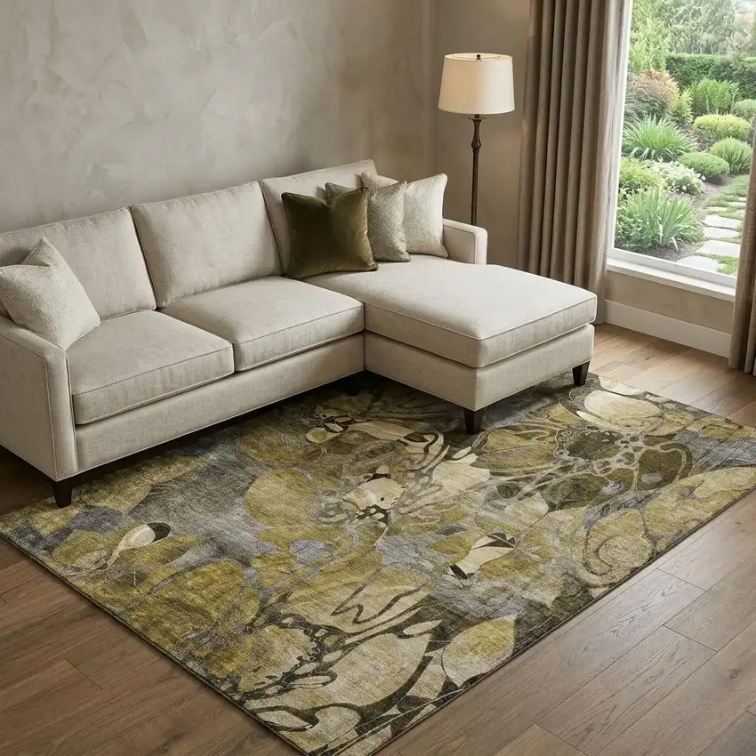 Brown Beige And Gold Abstract Distressed Washable Area Rug With UV Protection Photo 1