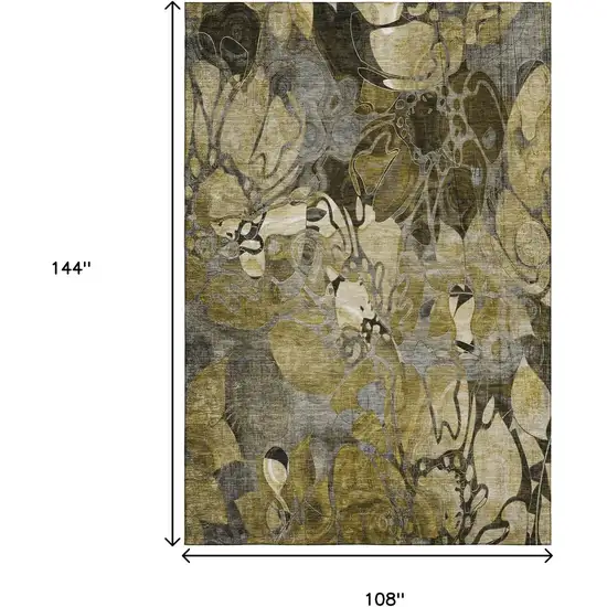 Brown Beige And Gold Floral Washable Area Rug With UV Protection Photo 3