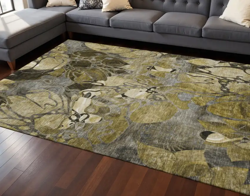 Brown Beige And Gold Floral Washable Area Rug With UV Protection Photo 2