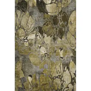 Photo of Brown Beige And Gold Floral Washable Area Rug With UV Protection