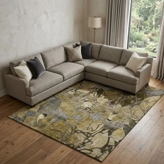 Brown Beige And Gold Abstract Distressed Washable Area Rug With UV Protection Photo 1