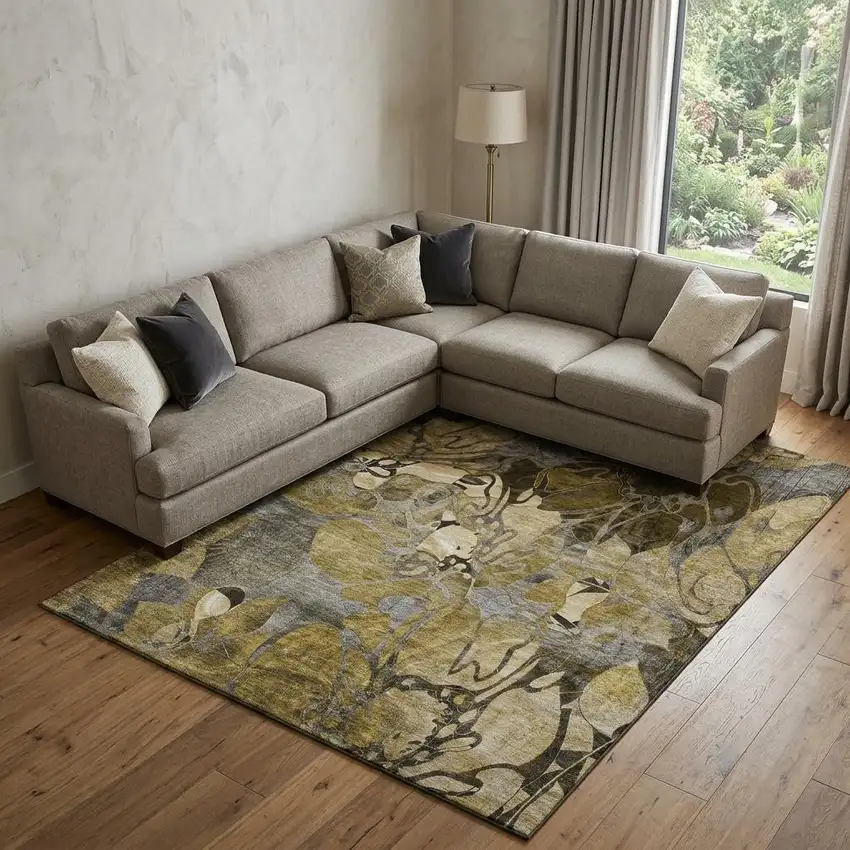 Brown Beige And Gold Abstract Distressed Washable Area Rug With UV Protection Photo 1