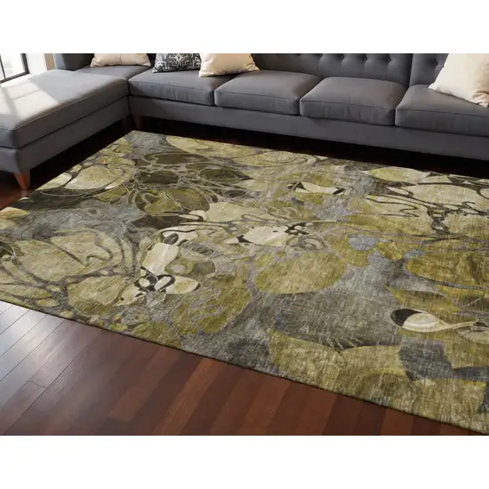 Brown Beige And Gold Floral Washable Area Rug With UV Protection Photo 2