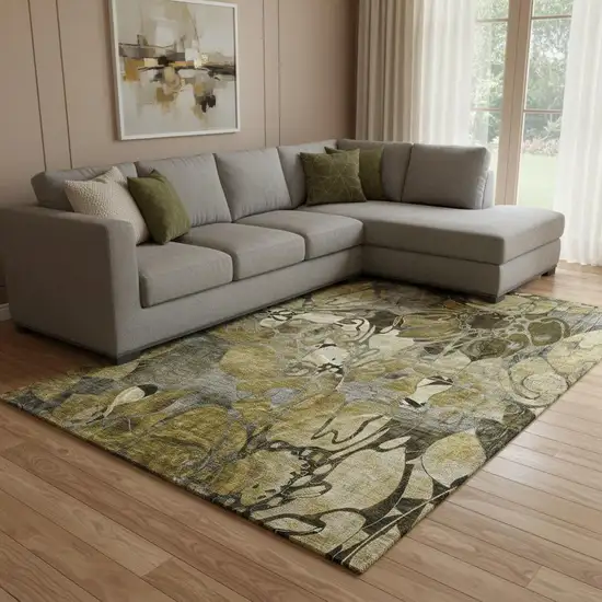 Brown Beige And Gold Floral Washable Area Rug With UV Protection Photo 1