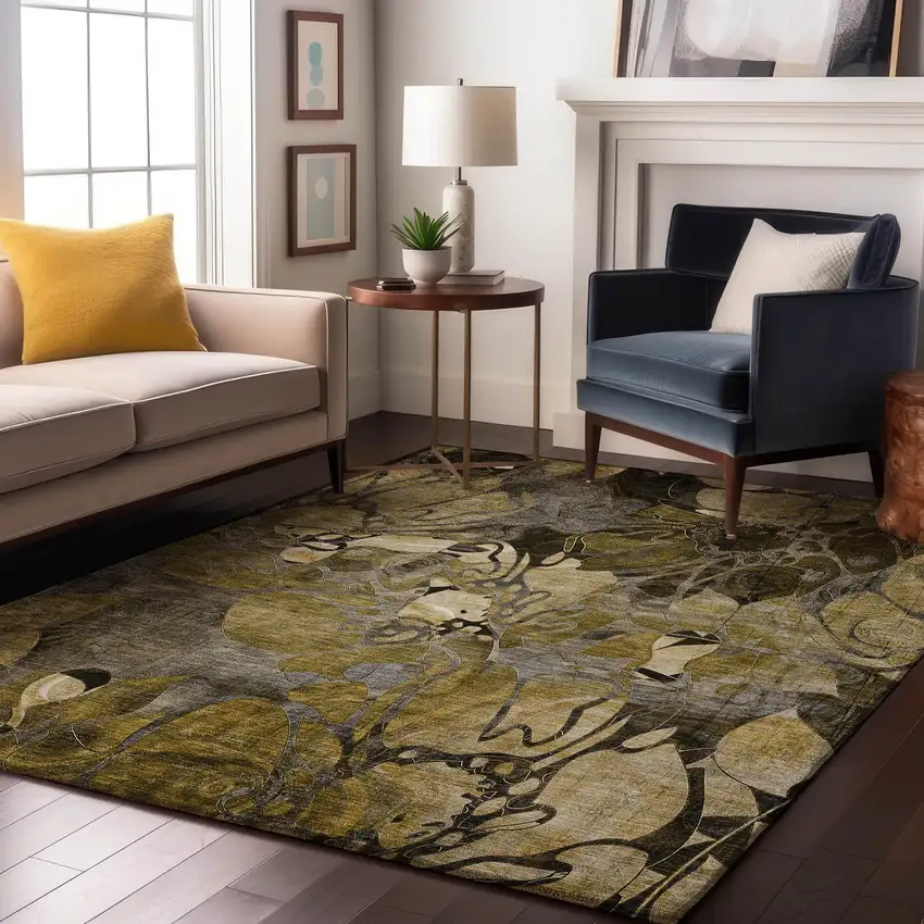 Brown Beige And Gold Floral Washable Area Rug With UV Protection Photo 5