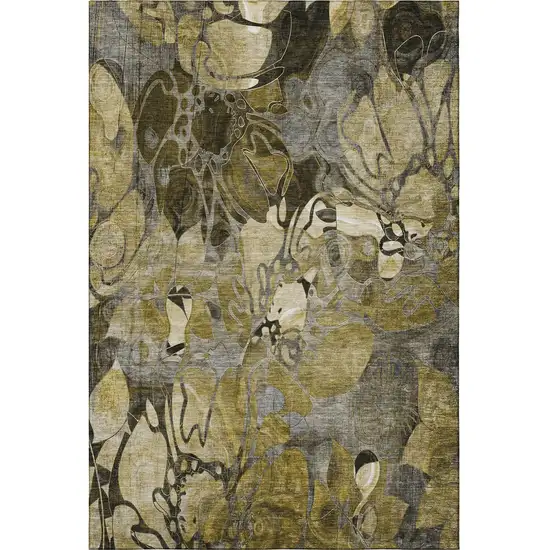 Brown Beige And Gold Floral Washable Area Rug With UV Protection Photo 4