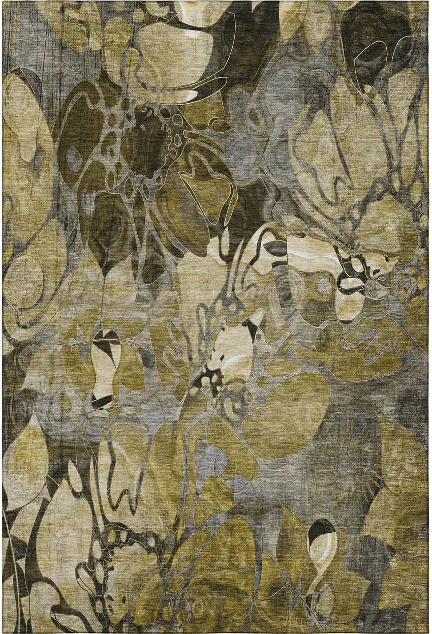 Brown Beige And Gold Floral Washable Area Rug With UV Protection Photo 4