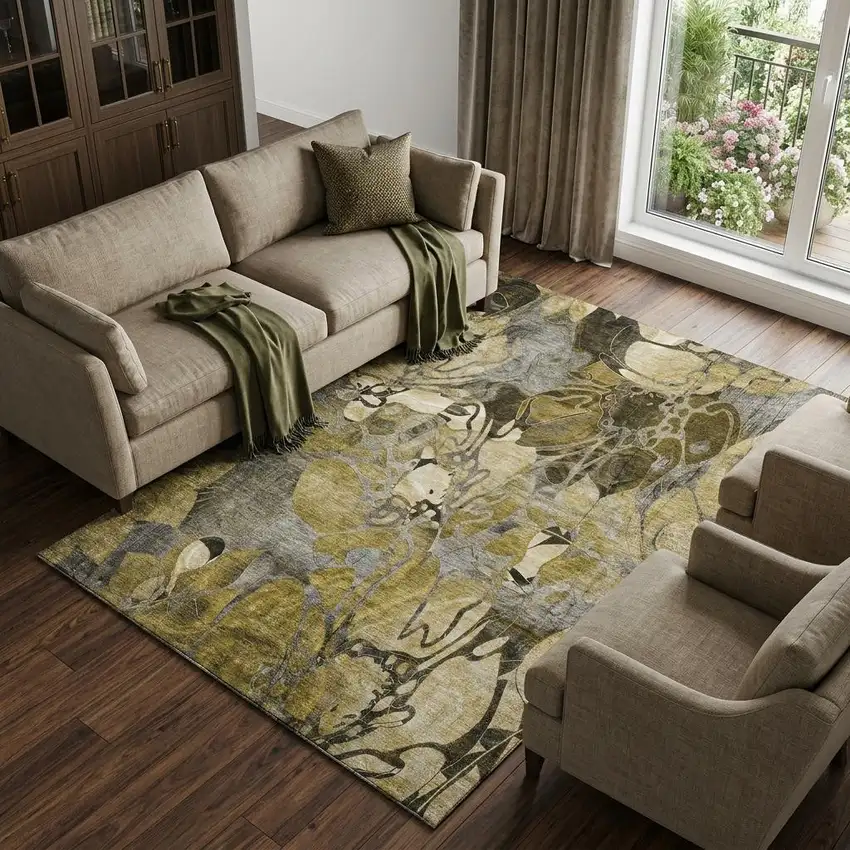 Brown Beige And Gold Abstract Distressed Washable Area Rug With UV Protection Photo 1