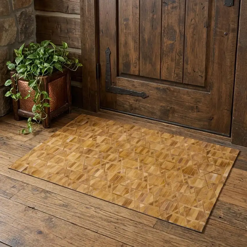Brown Beige And Gold Geometric Washable Area Rug With UV Protection Photo 1