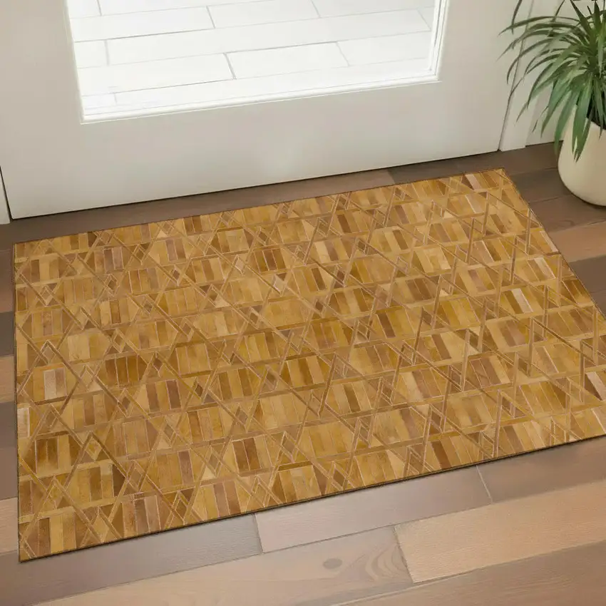 Brown Beige And Gold Geometric Washable Area Rug With UV Protection Photo 1