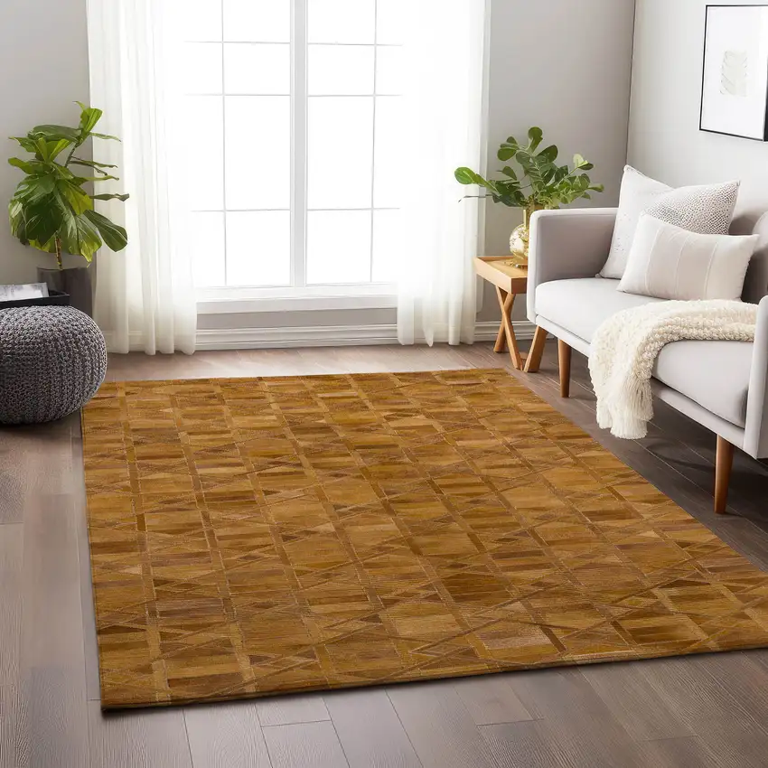 Brown Beige And Gold Geometric Washable Area Rug With UV Protection Photo 6