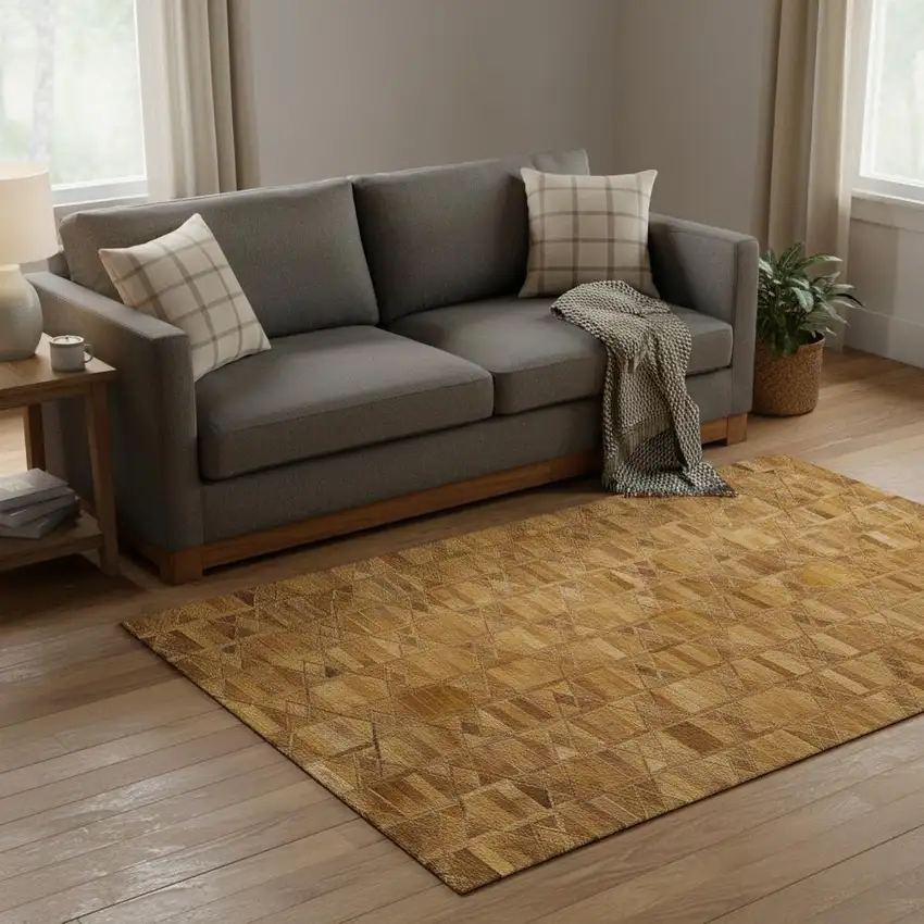 Brown Beige And Gold Geometric Washable Area Rug With UV Protection Photo 1