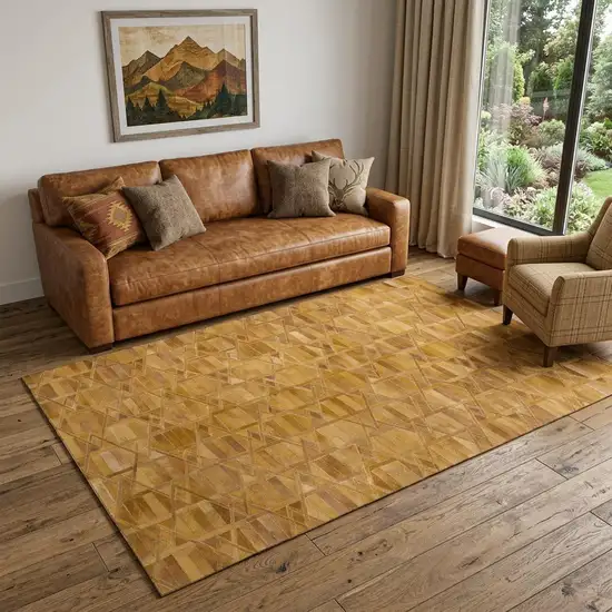 Brown Beige And Gold Geometric Washable Area Rug With UV Protection Photo 1