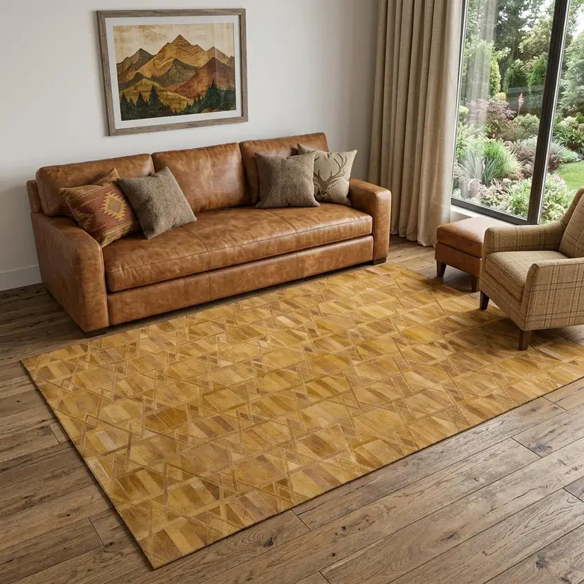 Brown Beige And Gold Geometric Washable Area Rug With UV Protection Photo 1