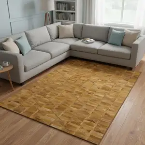 Photo of Brown Beige And Gold Geometric Washable Area Rug With UV Protection