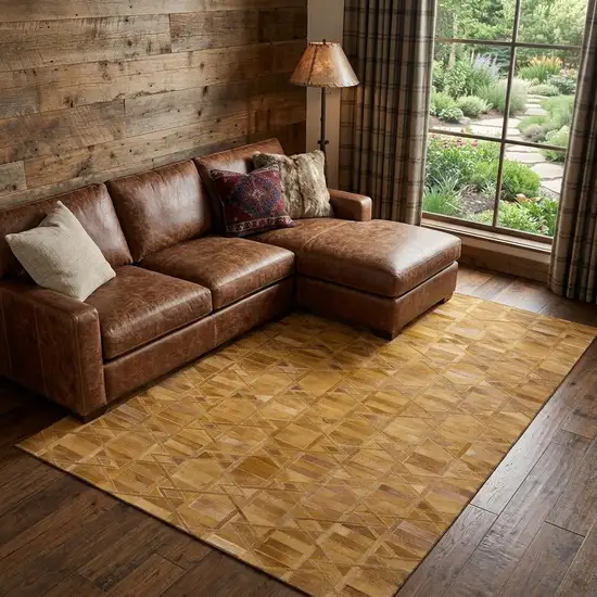 Brown Beige And Gold Geometric Washable Area Rug With UV Protection Photo 1