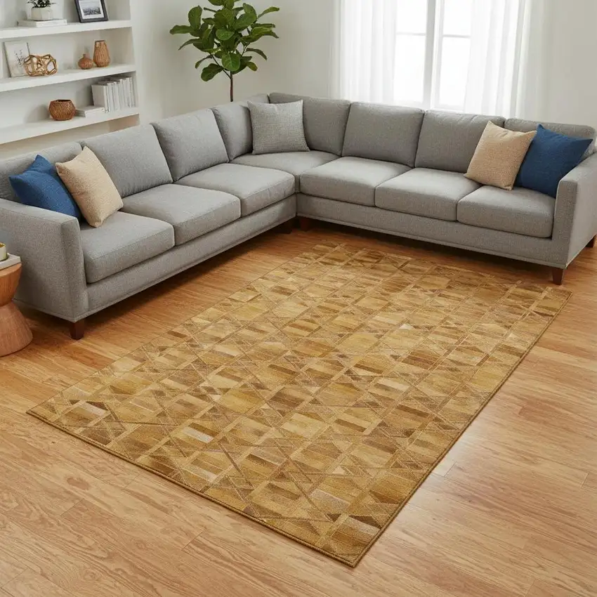 Brown Beige And Gold Geometric Washable Area Rug With UV Protection Photo 1