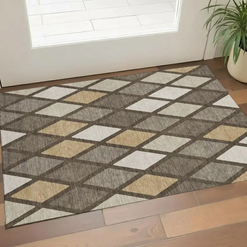 Brown Beige And Gold Geometric Washable Area Rug With UV Protection Photo 1