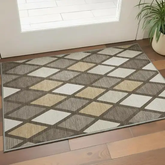Brown Beige And Gold Geometric Washable Area Rug With UV Protection Photo 2