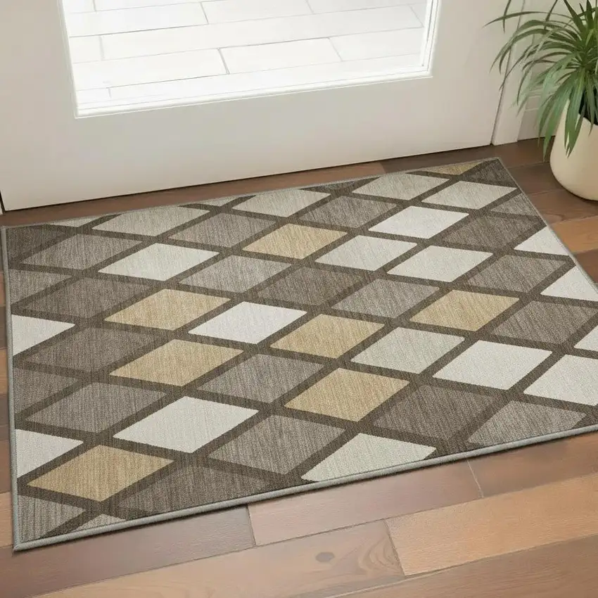 Brown Beige And Gold Geometric Washable Area Rug With UV Protection Photo 2