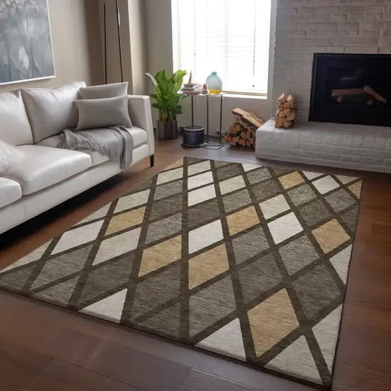 Brown Beige And Gold Geometric Washable Area Rug With UV Protection Photo 6
