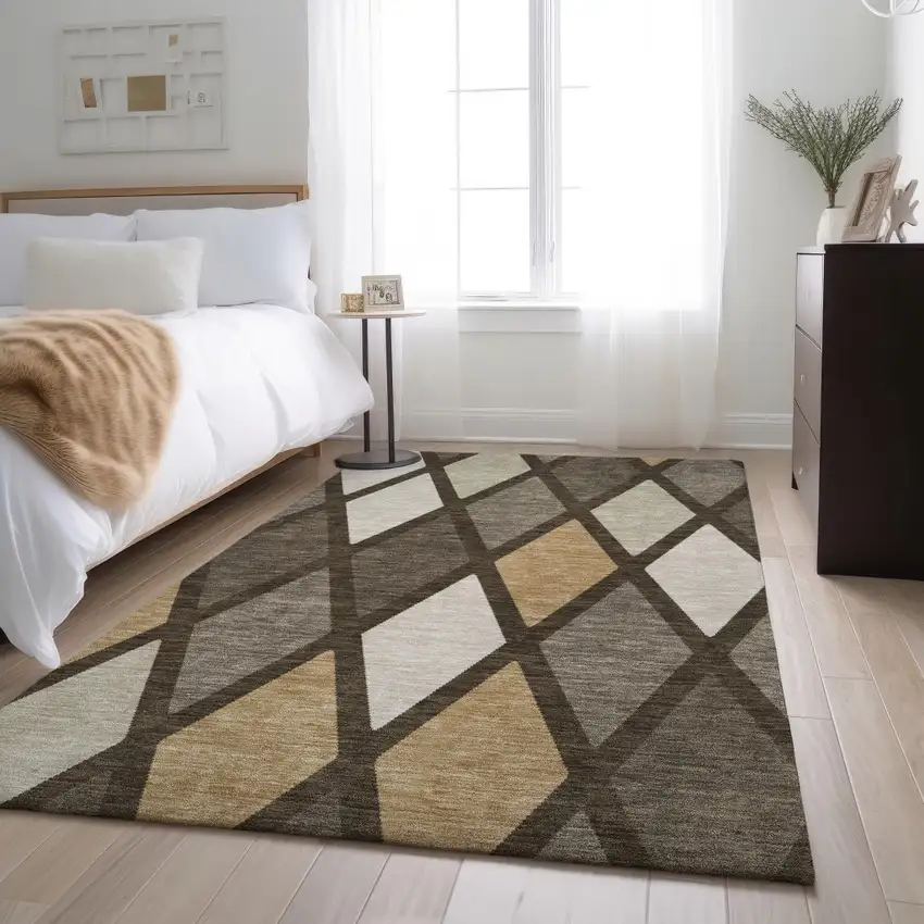 Brown Beige And Gold Geometric Washable Area Rug With UV Protection Photo 4