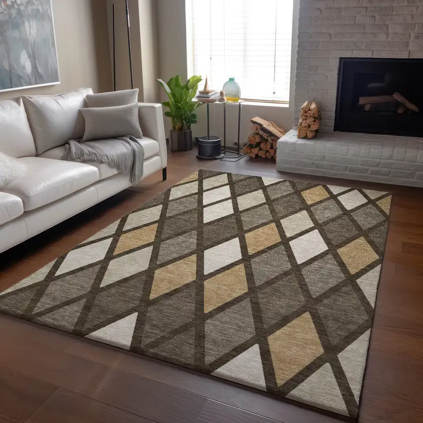 Brown Beige And Gold Geometric Washable Area Rug With UV Protection Photo 5