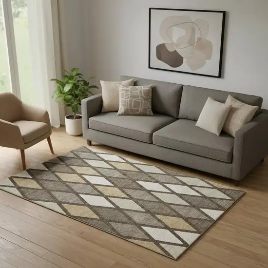 Brown Beige And Gold Geometric Washable Area Rug With UV Protection Photo 1