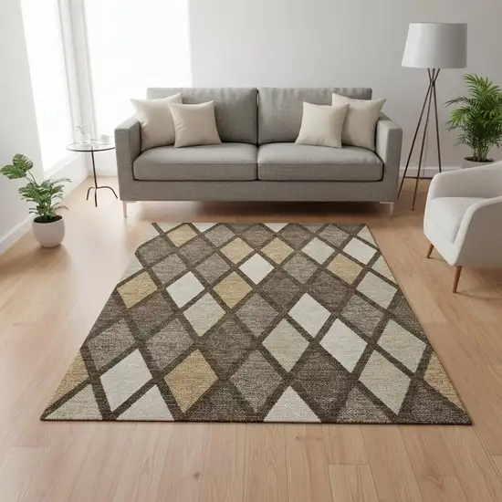 Brown Beige And Gold Geometric Washable Area Rug With UV Protection Photo 2